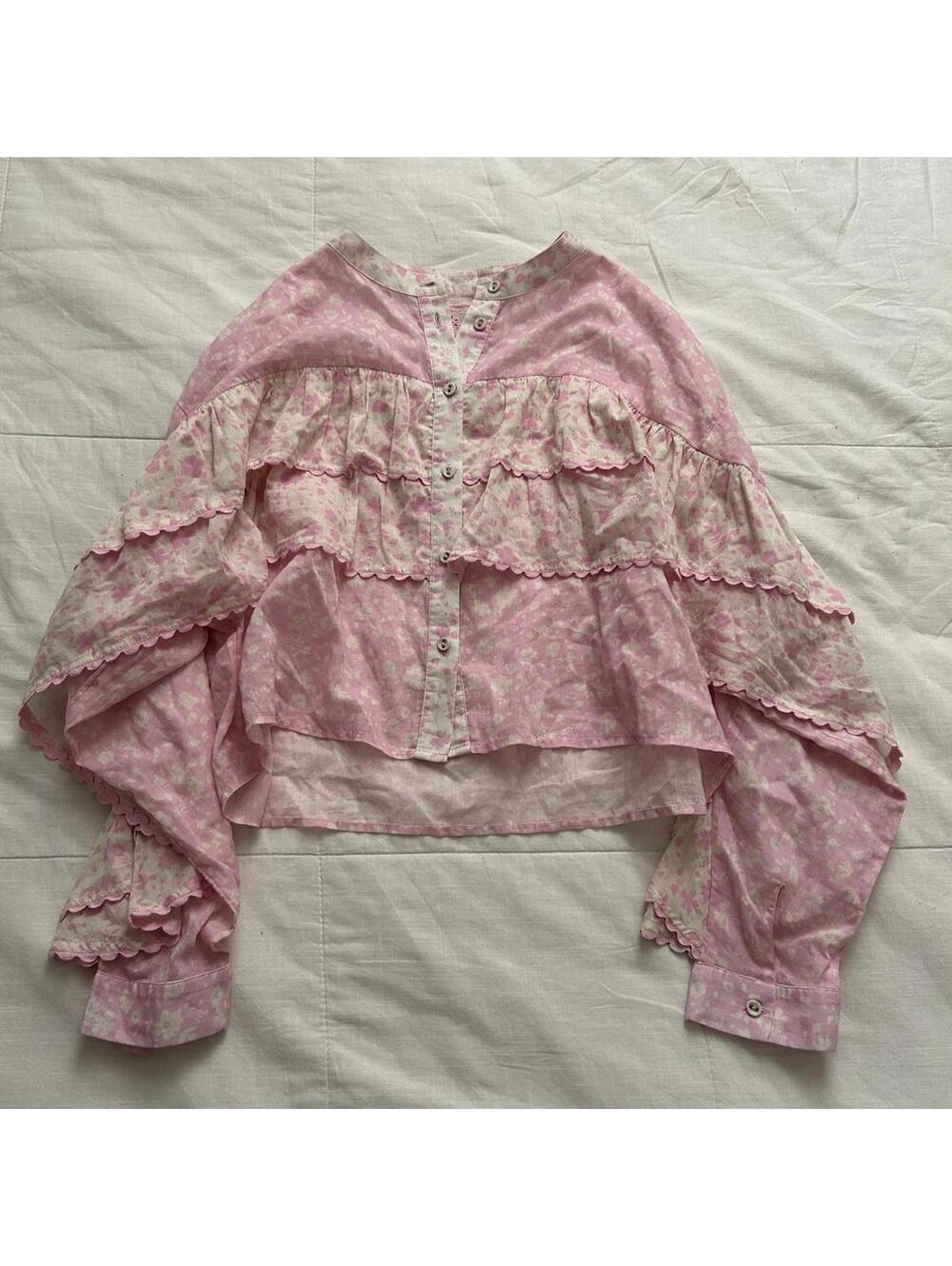Sunday Saint Tropez Pink floral Margaux blouse with ruffles Size Medium